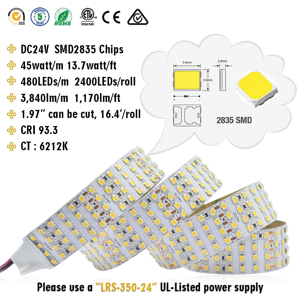 Quad Row Flexible LED Strip Lights - 24VDC Super Bright White LED Strip - 2835SMD High CRI 93 - 17,650 lm/Roll for LED Retail Shops, Videography Lighting (5m/16.4\' Daylight White) Quad Row Flexible LED Strip Lights - 24VDC Super Bright White LED Strip - 2835SMD High CRI 93 - 17,650 lm/Roll for LED Retail Shops, Videography Lighting (5m/16.4\' Daylight White)